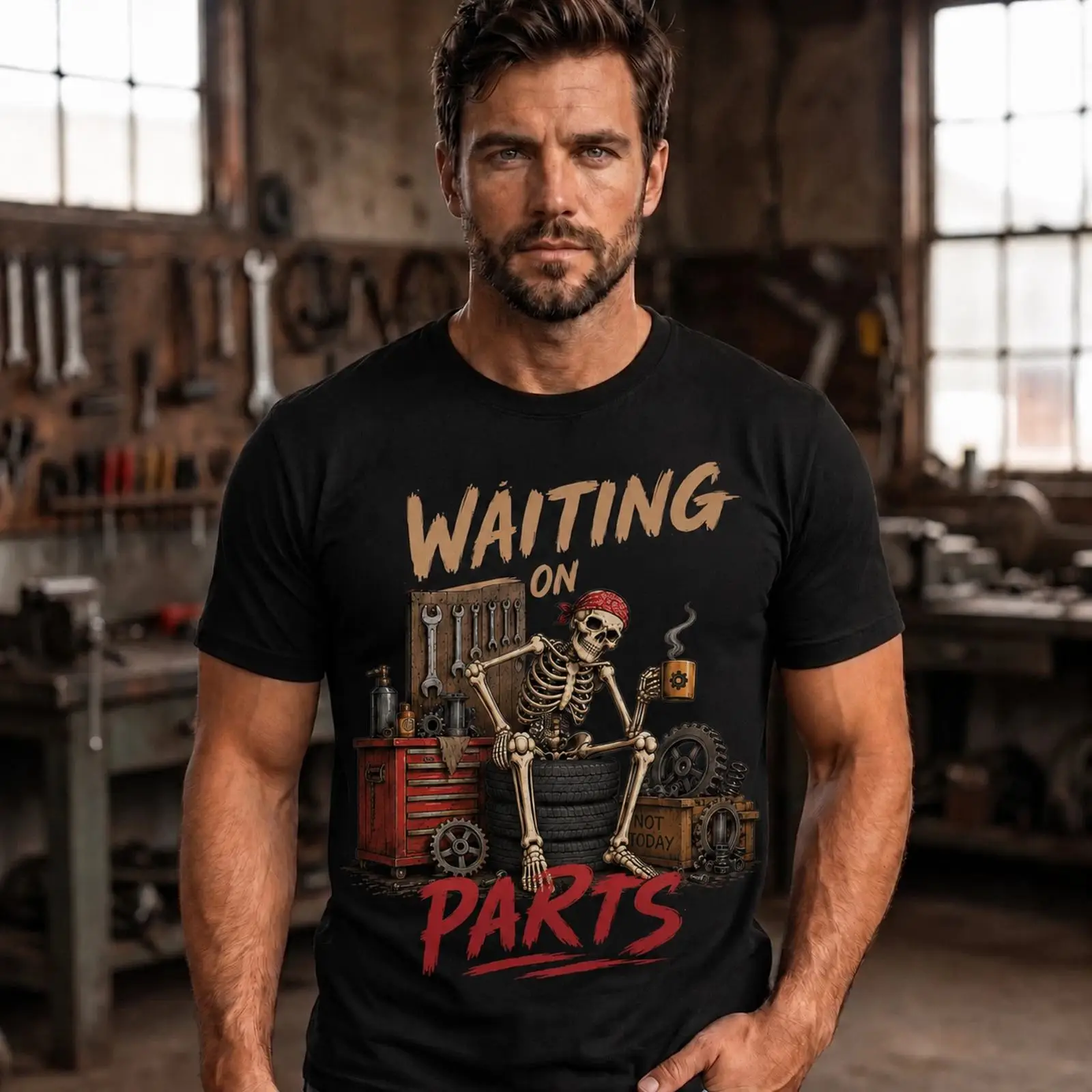 Men'S Fashion Garage - Warte auf Teile Lustiger Garagen-Humor Mechaniker-Skelett-Meme