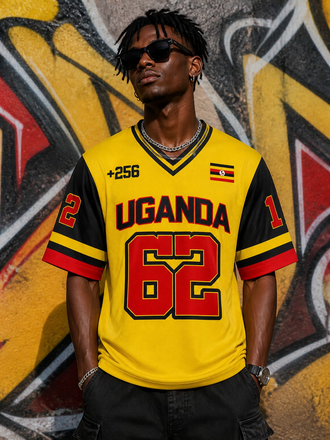Men Fashion Uganda - Uganda Satin V-Ausschnitt T-Shirt, Herren Ethnisches