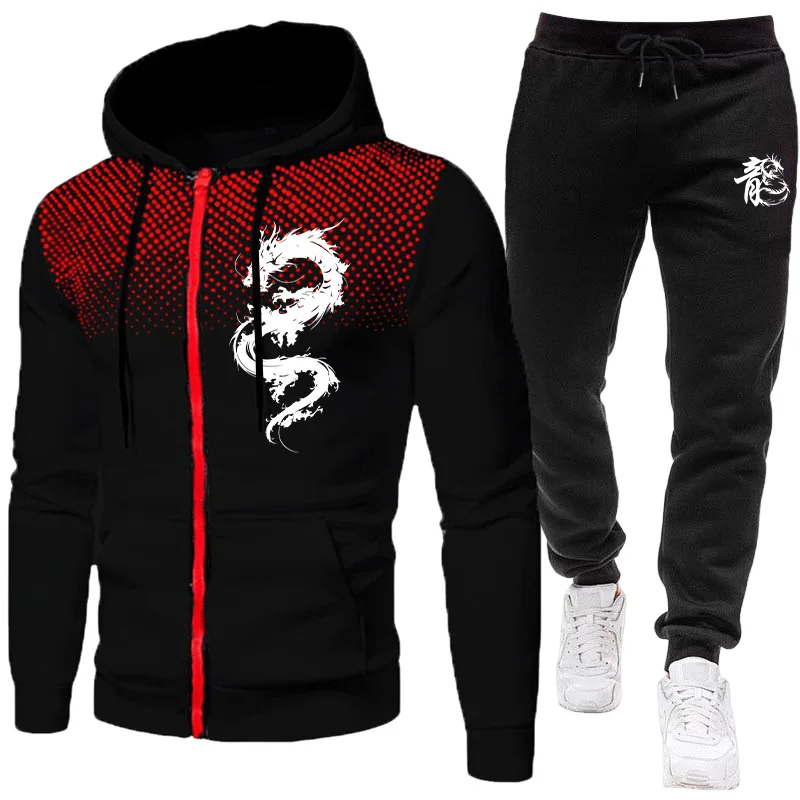Mens Fashion Zip Up - Herren Paris Drachenmuster Mode-Print-Set Zweiteiliges Set