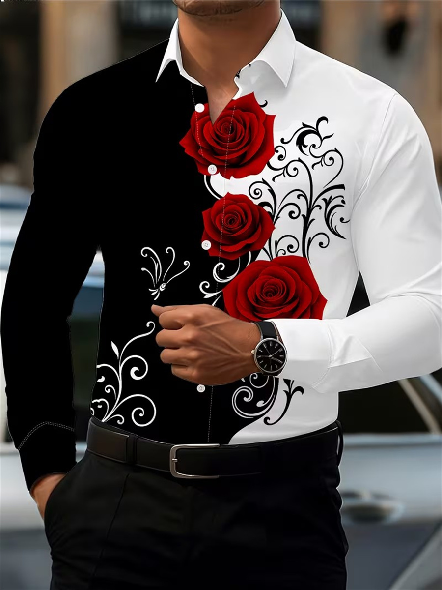 Mens Fashion Ideas - Herren Langarmhemd mit rotem Rosenmuster, modisch