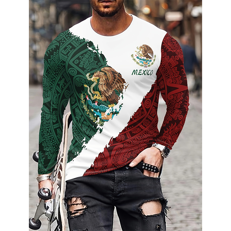 Mens Fashion Mexico - Modische Mexikanische Flaggen-T-Shirts, Mexiko 3D-Druck Langarm-T-Shirt